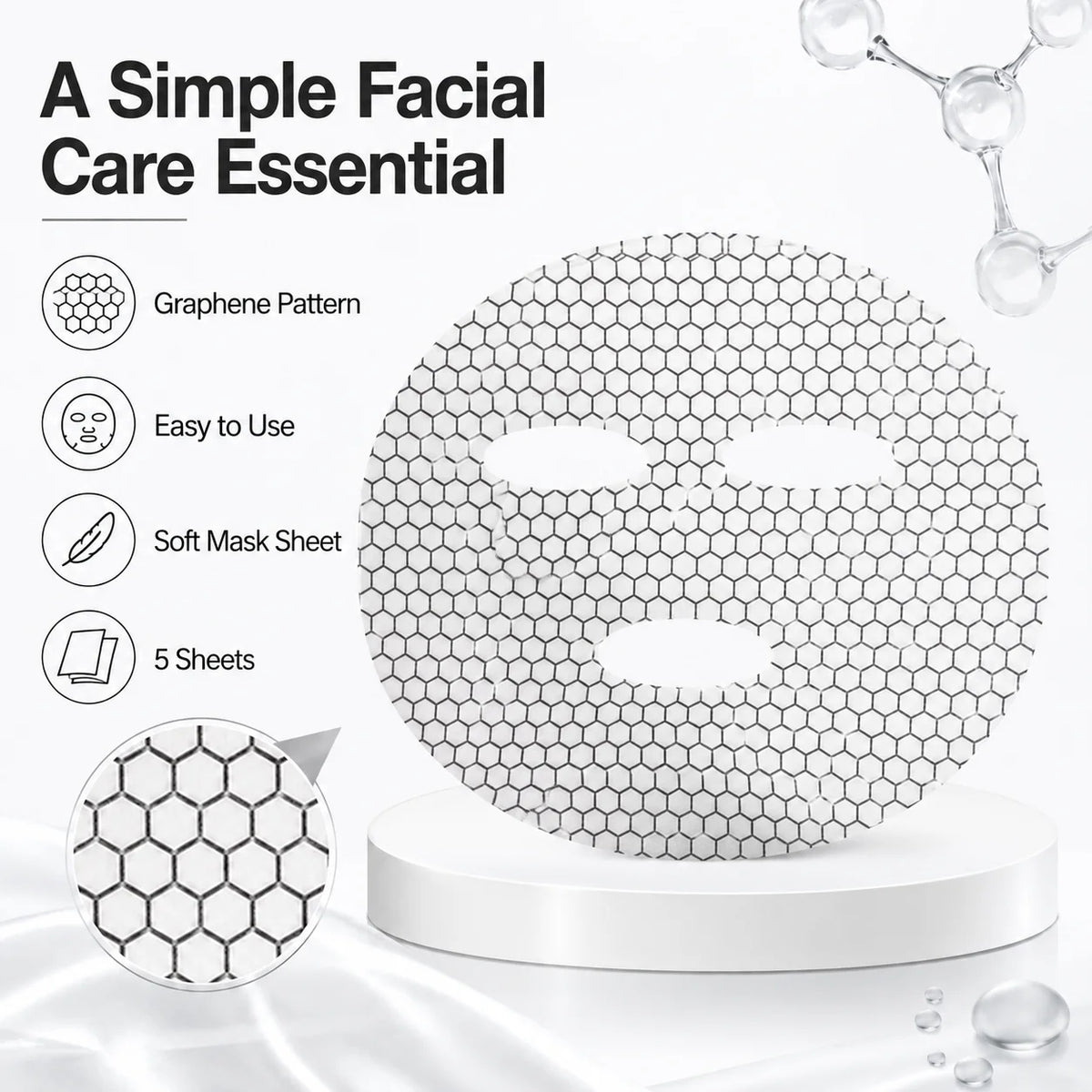 5 PCS Graphene Pattern Facial Mask Sheets, Hexagon Face Mask Sheets, Pre-Cut Lightweight Sheets for Daily Skincare