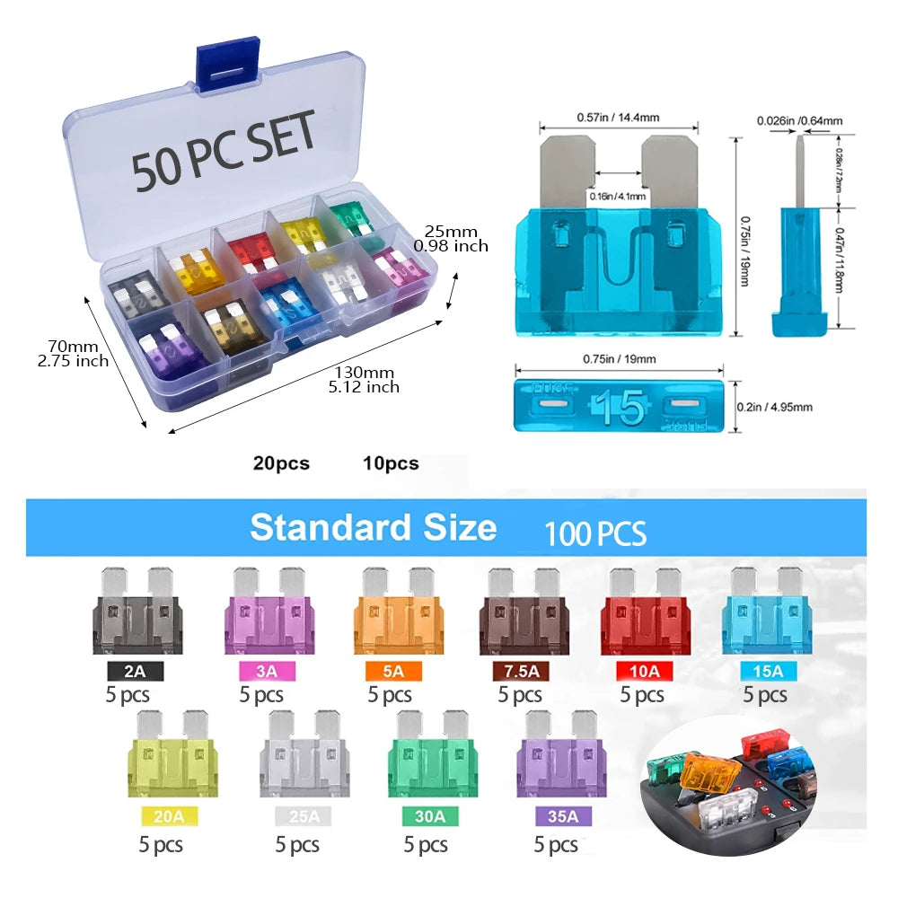 Standard Blade Fuse Assortment Kit - 2A to 35A Varieties