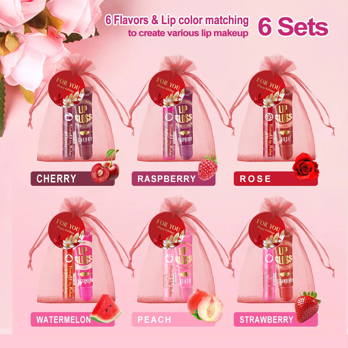 Unique Gift Set -24 Pieces/Box Lip Gloss Set Lipstick Set Red Card and Red Organza Bag Lip Moisturizing Gloss