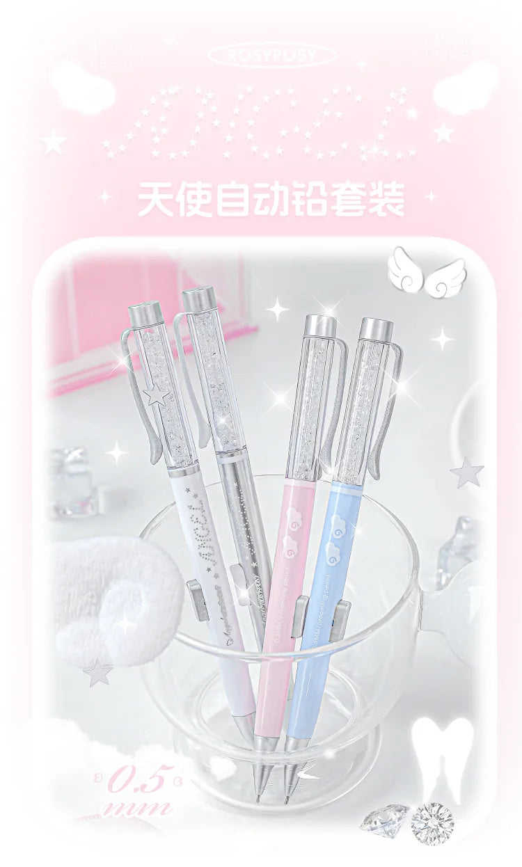 Angel Automatic Lead Set High Appearance Girl Heart Shiny Crystal Pen Holder 0.5HB Student Button Pencil and Lead Core