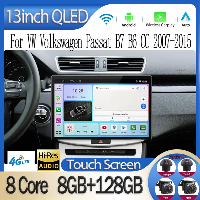 13 Inch Android 15 For VW Volkswagen Passat B7 B6 CC 2007-2015 Wireless Carplay Stereo Head Unit 2DIN Screen Car Radio Multimedi
