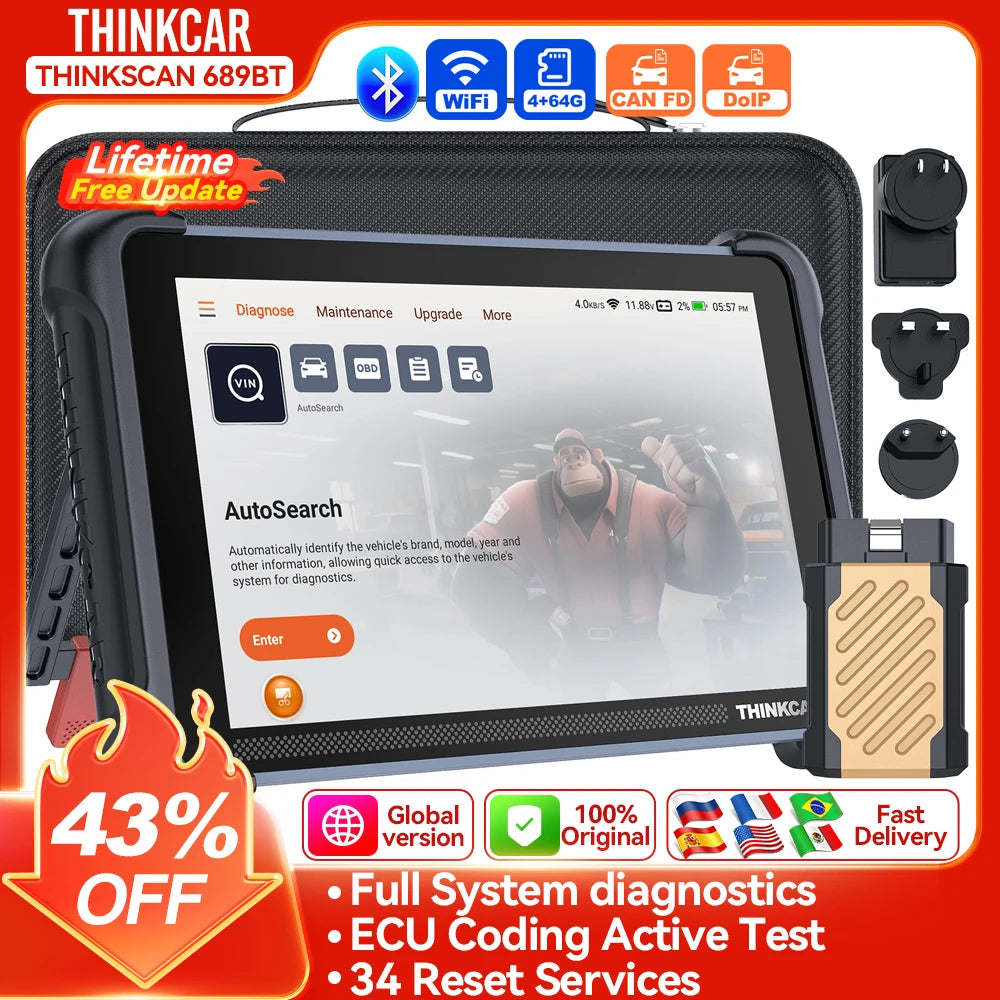 THINKCAR THINKSCAN 689BT CANFD DOIP OBD2 Diagnostic Tool 34 Reset Car Scanner Full System ECU Coding Bi-Directional Control Scan