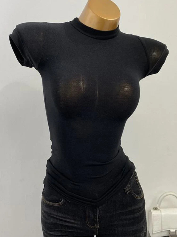 Women's Mock-Neck Sheer Tee — Slim Stretch Short-Sleeve Layering Top