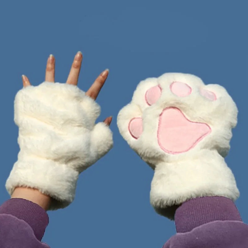 Women's Cat Paw Plush Mittens, Fingerless
