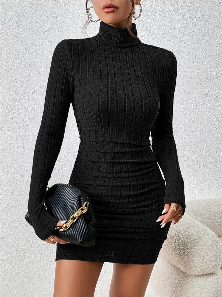 Autumn Women Mini Dresses For Solid Long Sleeves Turtleneck Sexy Bodycon Sheath Dress Club Elegant Party Dress Pullover Clothing