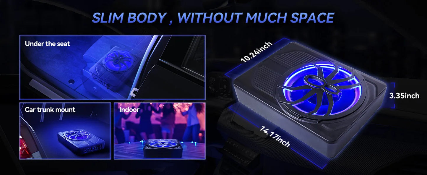 1000W 10" Slim Under Seat Subwoofer Spider Style Powered Bass Speaker with Amplifier Blue Light for Car Truck SUV