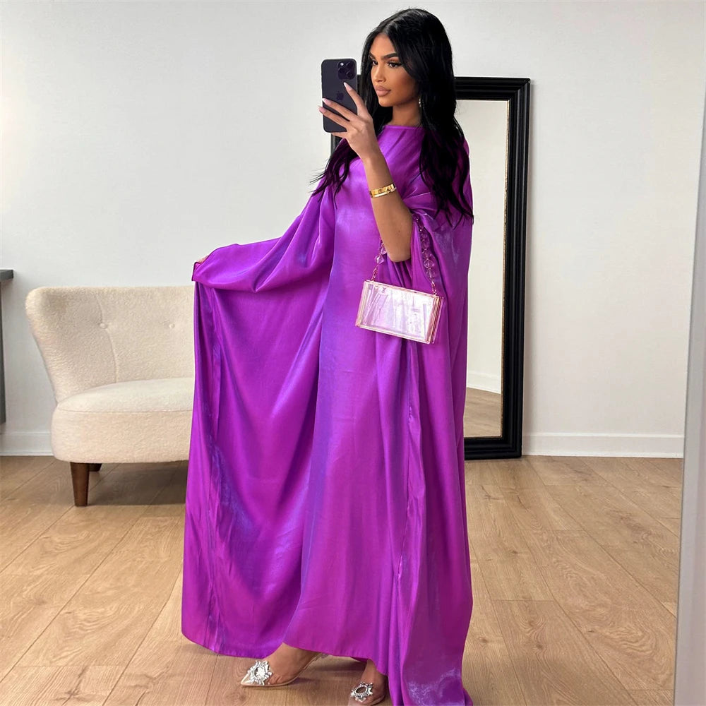 Shimmer Batwing Satin Abaya – Luxury Muslim Kaftan Dress for Eid & Ramadan