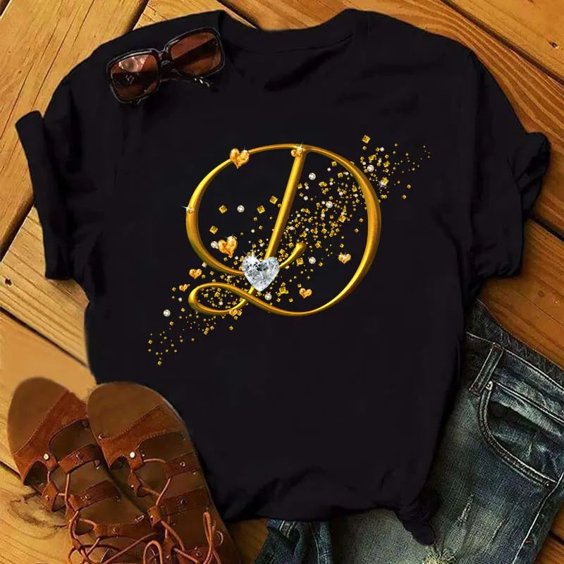 Women's Personalized Letter Graphic Tee — Gold Diamond-Font Monogram Short-Sleeve Top