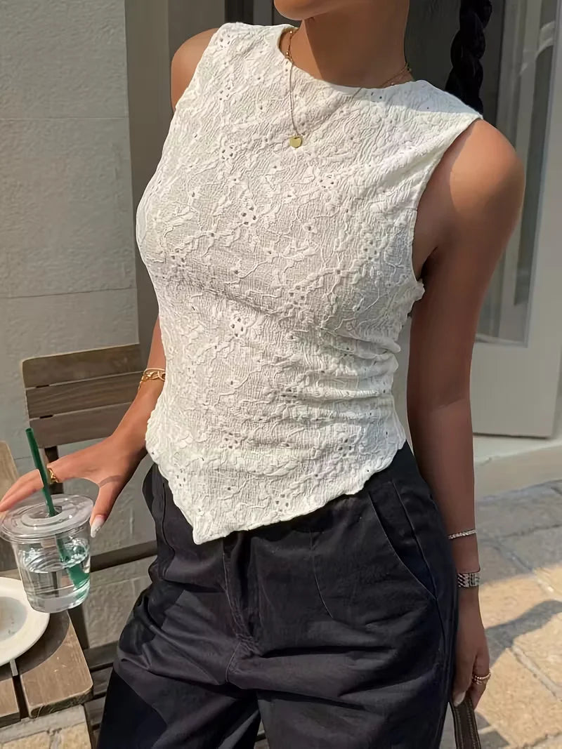 Women's Y2K  double-layer lace slim shoulder strap vest - asymmetrical hem, round neck, lightweight summer shirt,