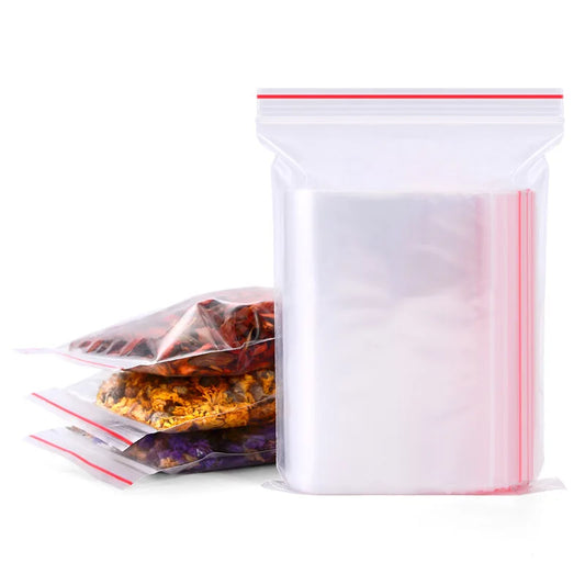 100PCS Clear Zip Lock Bags 10×15cm – Food-Safe Reusable Storage with Red Seal Strip | Waterproof