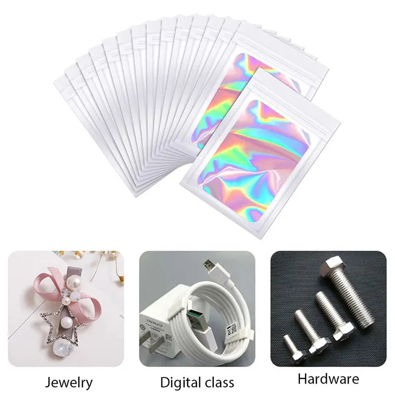 100Pcs Holographic Ziplock Bag Plastic Laser Iridescent Zip Bags for Manicure Eyelash Display Earrings Ring Jewelry Stoage Bags