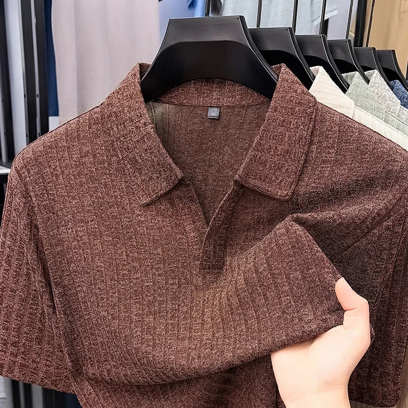 Men's Ribbed Lapel Polo - Soft Stretch, All-Season Casual