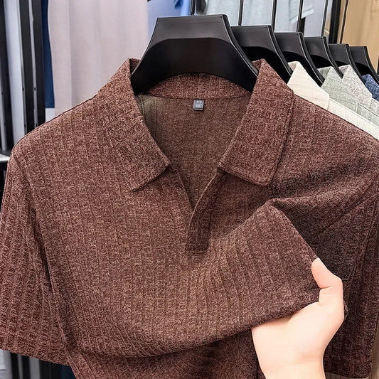 Men's Ribbed Lapel Polo - Soft Stretch, All-Season Casual