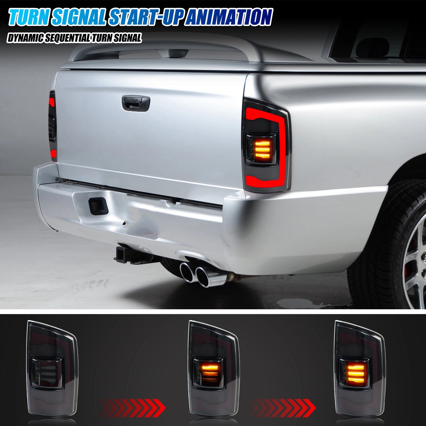LED Tail Lights for Dodge Ram 1500 2500 3500 2002-2005 3rd Gen Sequential Yellow Turn Signal Black Rear Lamps Assembly