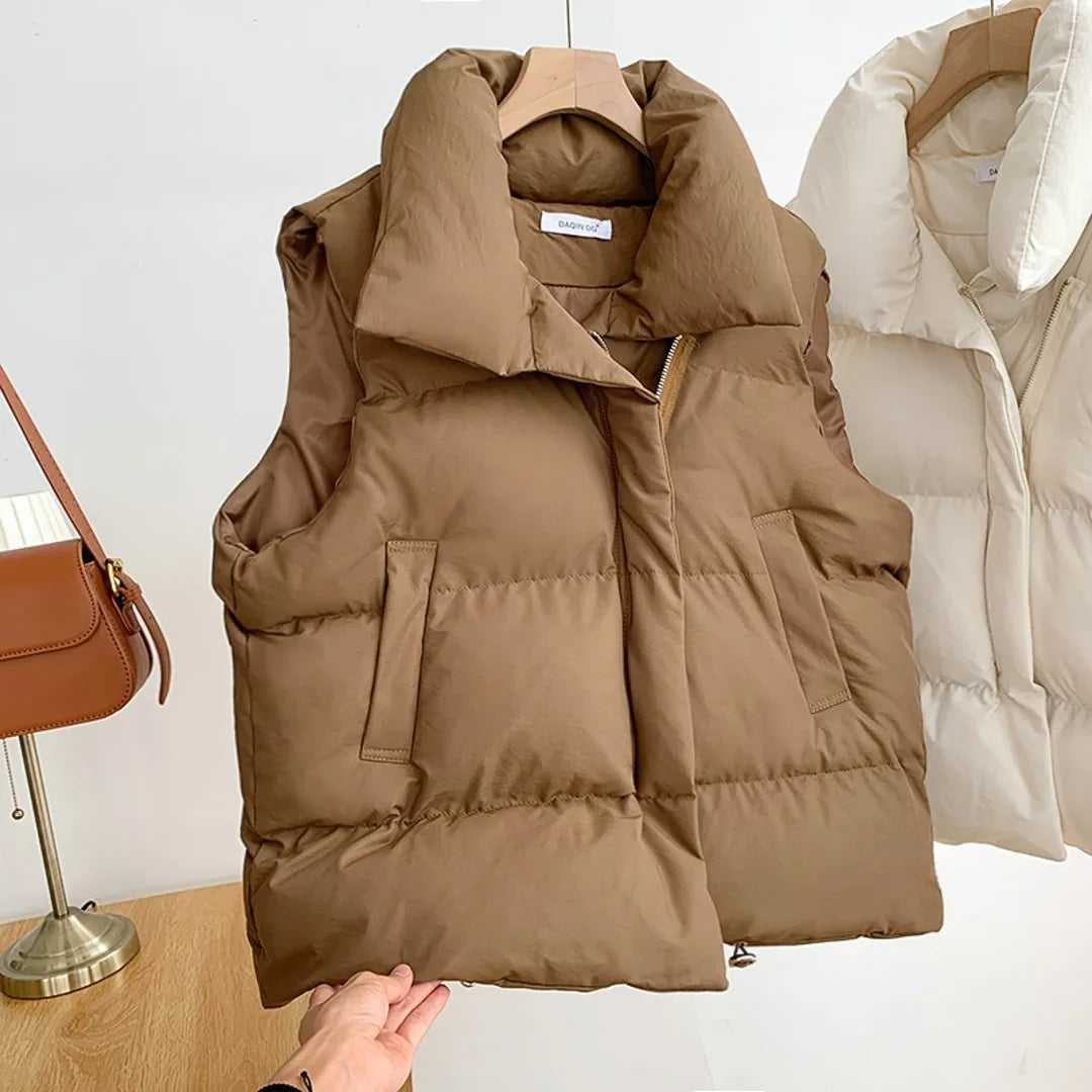 Women's Stand Collar Puffer Vest - Belted Sleeveless Winter Jacket - photo 4