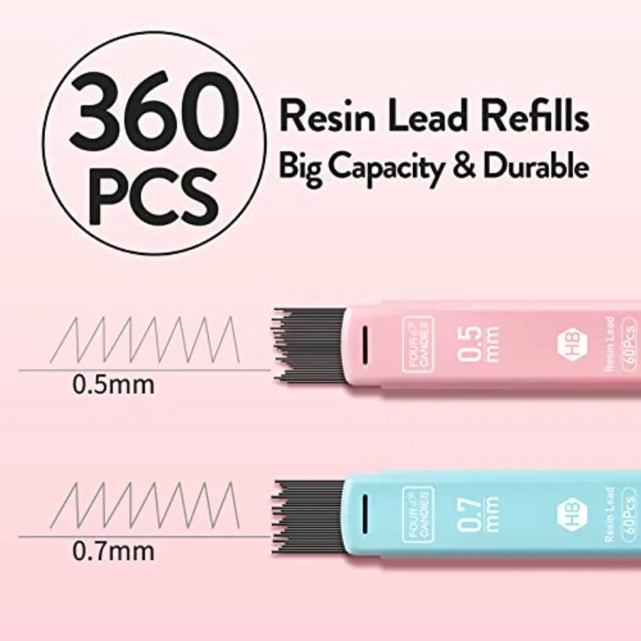Cute Mechanical Pencil Set, 6PCS Pastel Mechanical Pencils 0.5 and 0.7mm with 360PCS HB Leads, 3PCS Erasers and 9PCS Eraser Ref