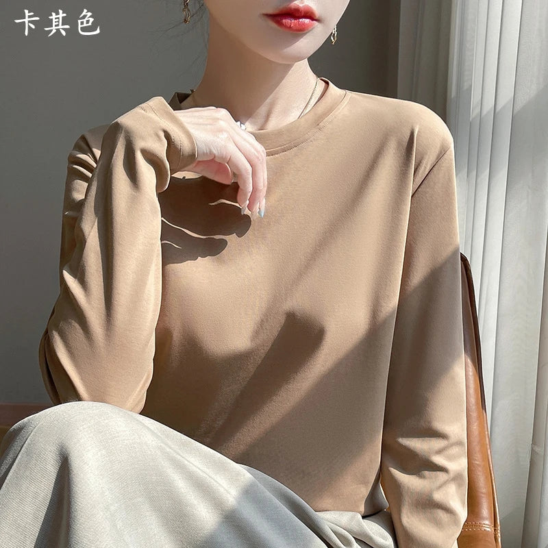Spring And Summer New Mercerized Cotton Long Sleeve T-shirt Women's Round Neck Loose 100% Cotton Bottoming T-shirt