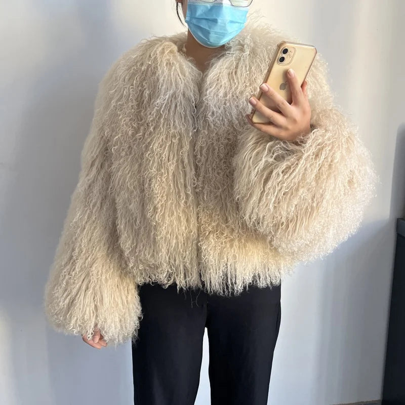 Women's Mongolian Sheep Fur Jacket, Round Neck