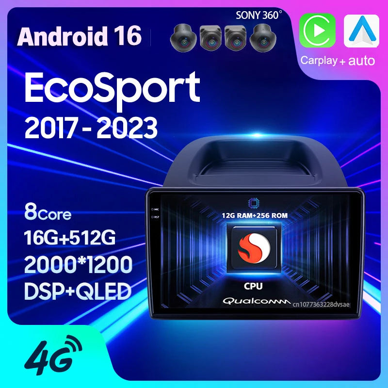 Android 16 Car Radio For Ford EcoSport Eco Sport 2017 2018 - 2023 Carplay Auto GPS Navigation 2 Din Player WIFI+4G Stereo Video