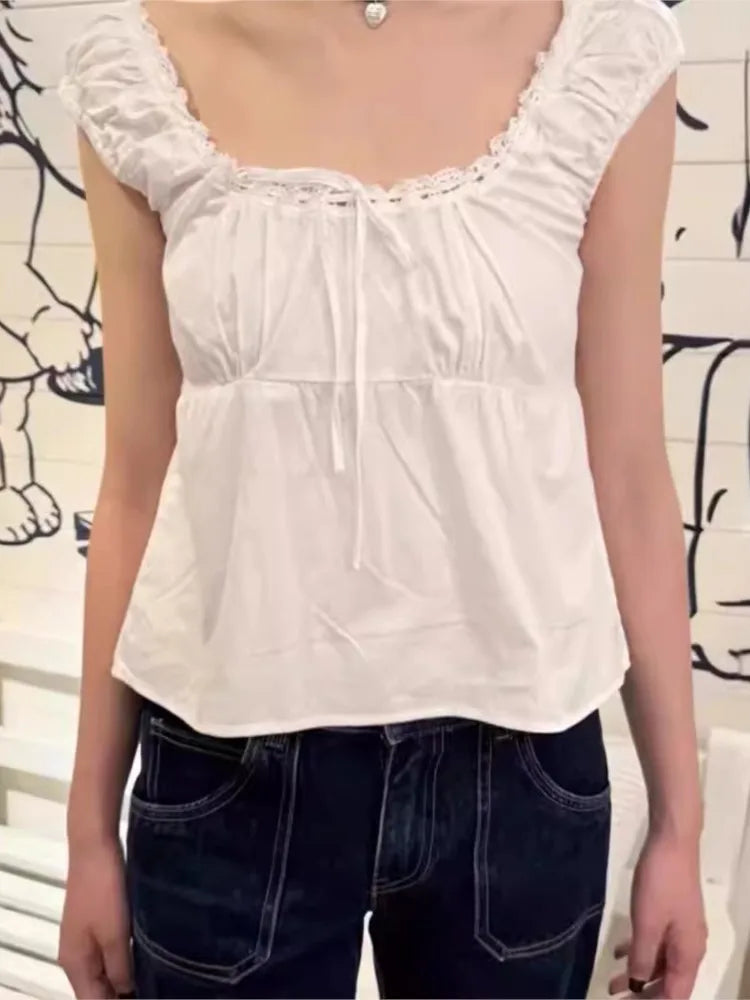 White Lace Tied Square Neck Summer T-shirts Chic Elegant Short Sleeve Tee Cotton Y2K Street Casual Bow Tie-up Top Women