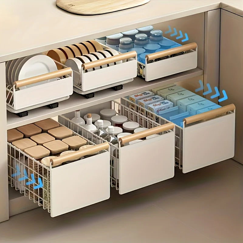 Pull-Out Kitchen Drawer Organizer - Sliding Rack for Plates and Bowls