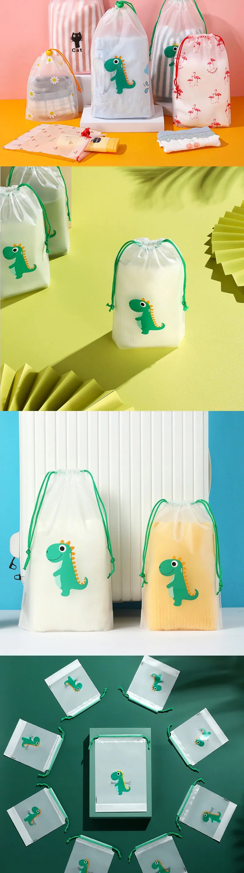 PE Dinosaur Bundle Pocket Plastic Drawstring Bag Frosted Shoes Travel Storage Bag Transparent Clothes Socks Shoes Plastic Bag