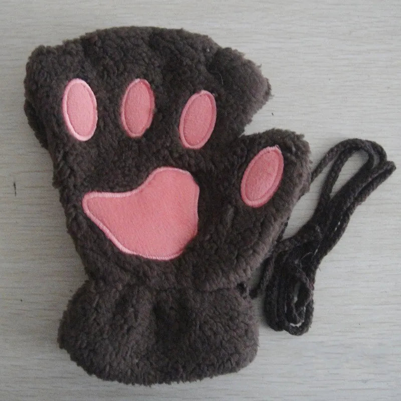 Women's Cat Paw Plush Mittens, Fingerless