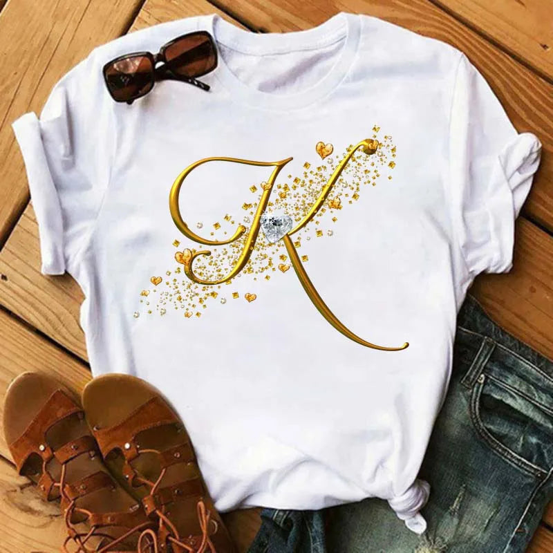 Women's Personalized Letter Graphic Tee — Gold Diamond-Font Monogram Short-Sleeve Top