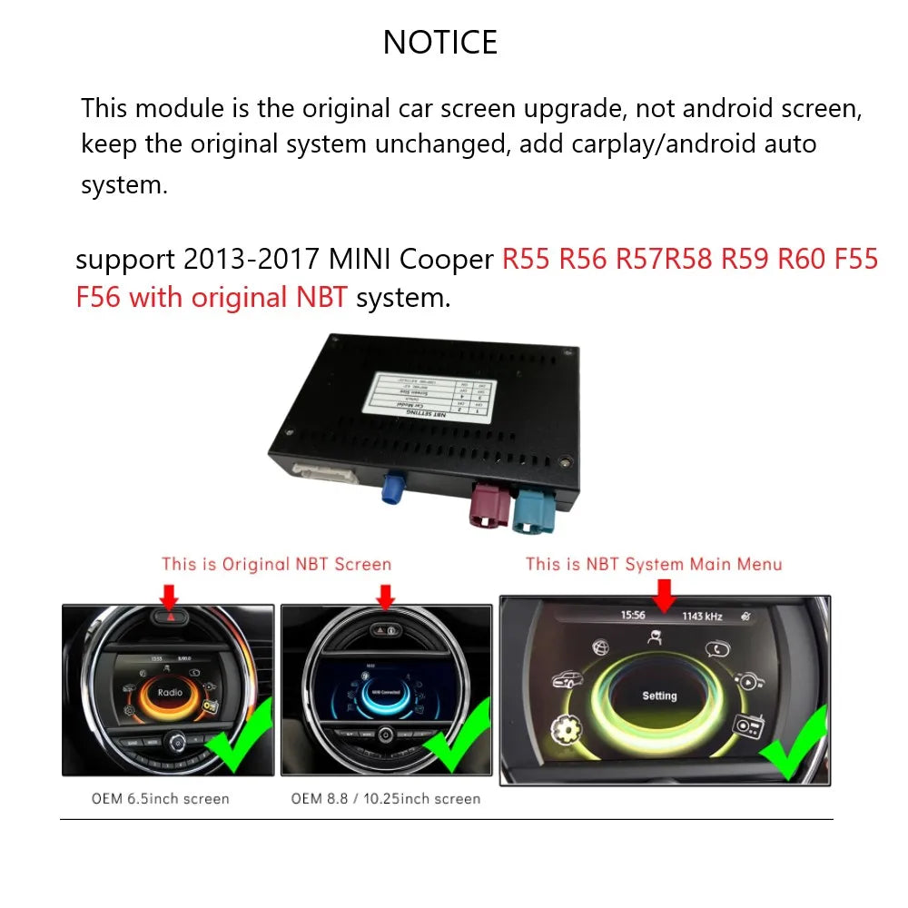 Wireless CarPlay Android Auto Interface for BMW Mini R55 R56 R57 R58 R60 R61 F54 F55 F56 Clubman Countryman Hardtop Cooper