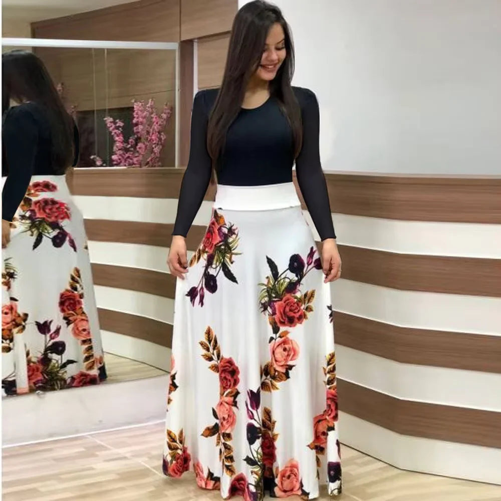 2025 European and American style flower print color matching short sleeved dress for women's large swing skirt