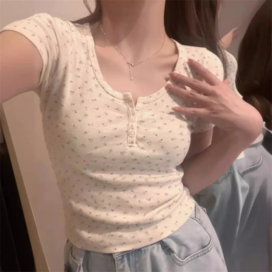 Y2k Short sleeve Sexy U Collar Floral Print Lace Slim T-shirt 2026 Summer Women Clothing Floral Slim Shirt Button T-shirt Top