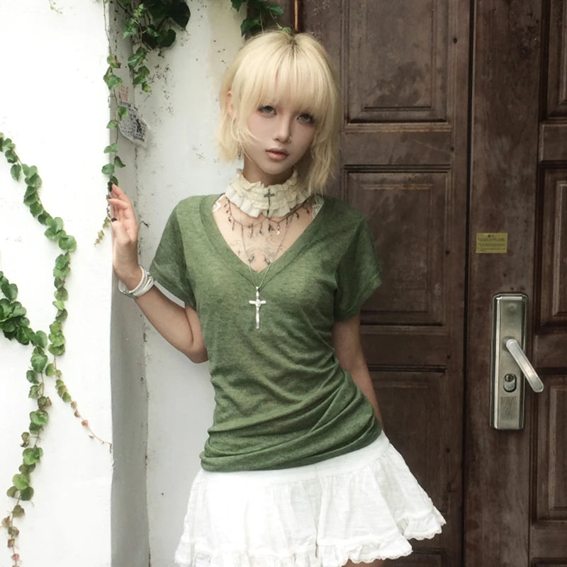 Karrram Japanese Y2k Green Knitted T-shirt Trashy 2000s Style V-neck Top Vintage Harajuku Short Sleeve Tee Shirt American Retro