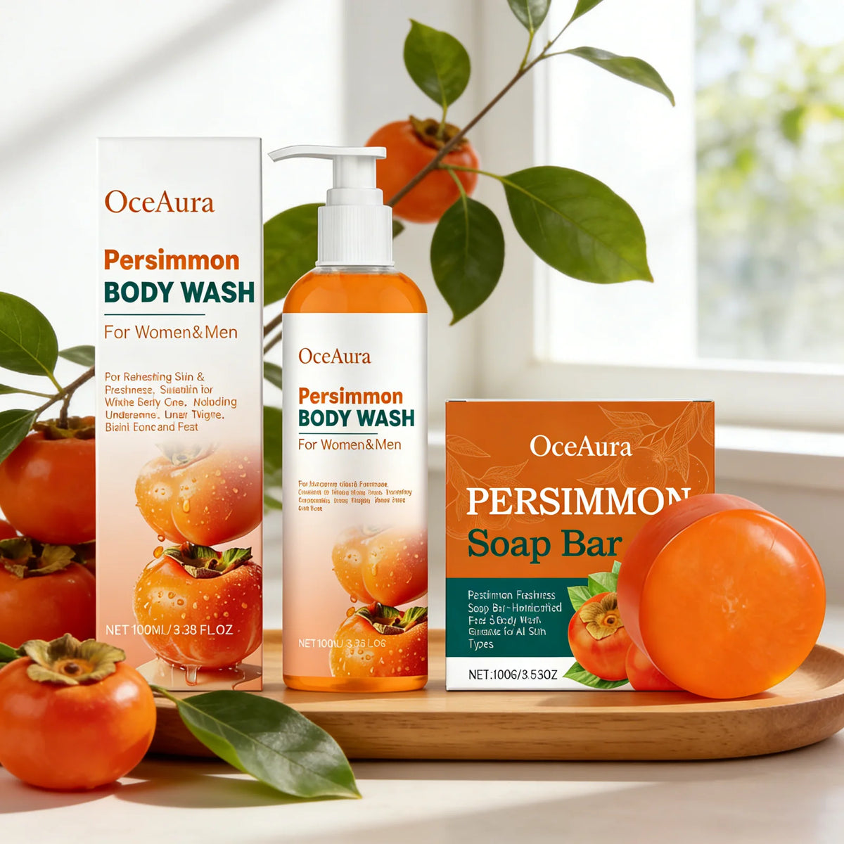 OceAura Persimmon Shower Gel Set Rich Foam Softens Skin Deep Cleansing Long Lasting Fragrance Natural Fruit Extracts Soap Bar