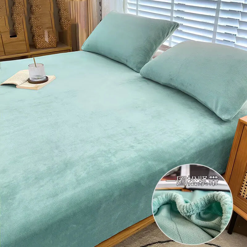 Soft warm plush fitted sheet elastic mattress cover fluffy coral fleece bed linen winter couple luxury double bed bedding﻿﻿