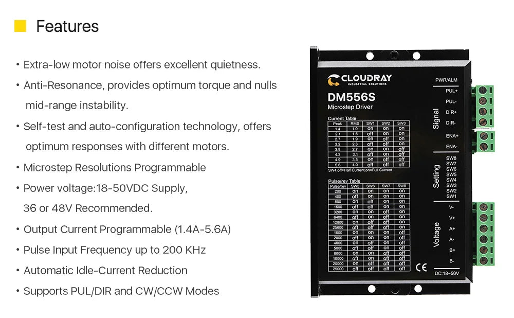 Cloudray DM556S 2-Phase Stepper Motor Driver — 18–50VDC, 1.4–5.6A (Nema 17/23/34)