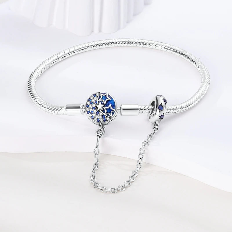 925 Sterling Silver Charm Bracelet – Star Moon Sun Four Leaf Clover Zircon | DIY Birthday Gift for Women (17-20cm)