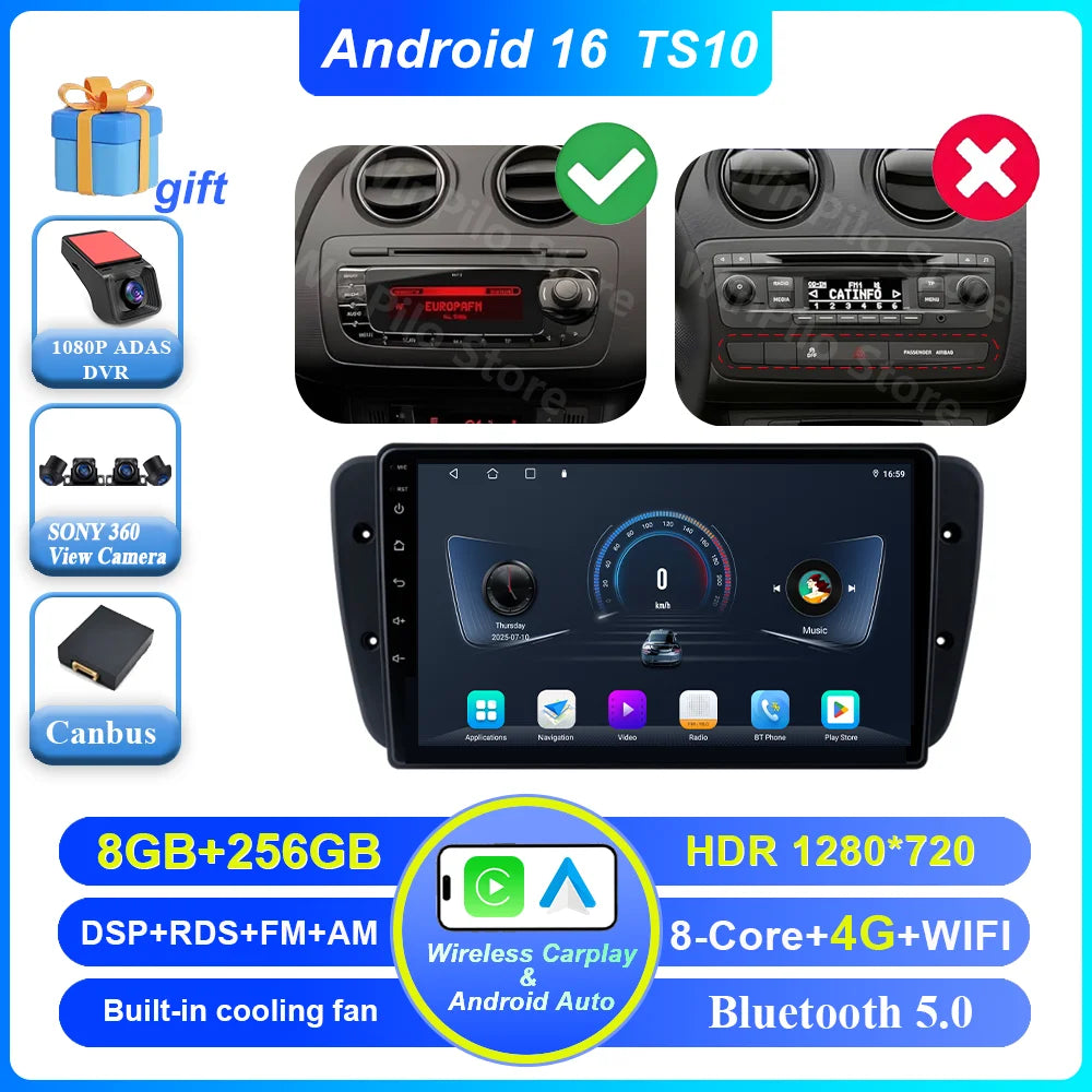 9" Android Car Stereo for Seat Ibiza MK4 6J (2008–2015) — CarPlay, Android Auto, GPS, 4G, WiFi