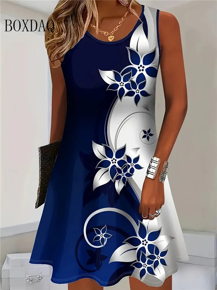 2026 Women Summer Sleeveless Bohemian Dress Fashion Imitate Cowboy Vest Flowers Print Dress Casual Tank Beach Dresses For Women
