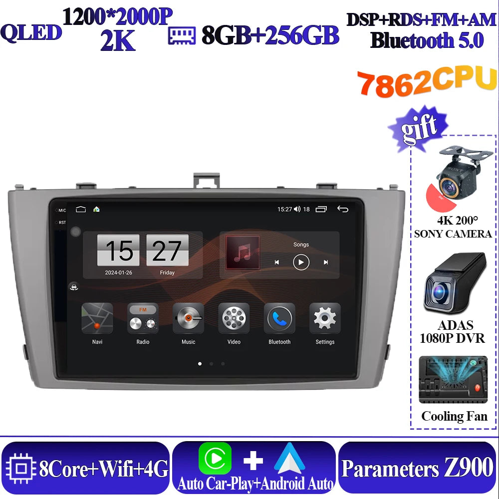 Android 16 8 core Carplay For Toyota Avensis T27 2009-2015 Car Multimedia Player 5G Wifi High-performance 7862 CPU Touch Display