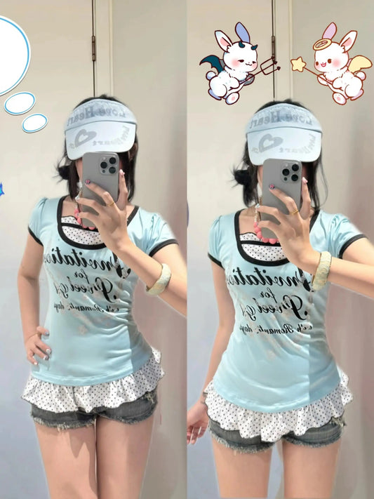 Y2K Faux Two-Piece Lace-Hem Top — Women's Polka Dot Print Tee