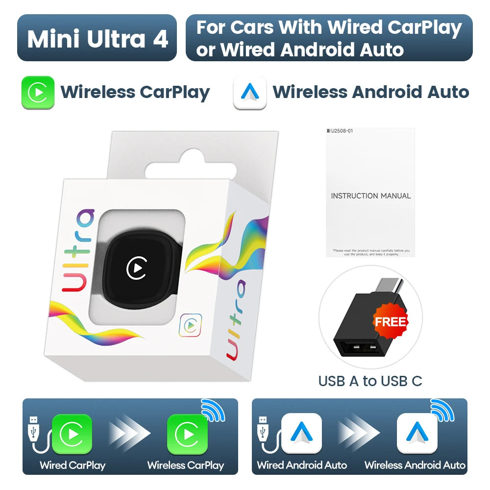 CarlinKit 5.0 Mini Ultra 4 Wireless CarPlay Android Auto  Wireless Adapter Plug &Play WiFi Bluetooth Auto Connection OTA Upgrade
