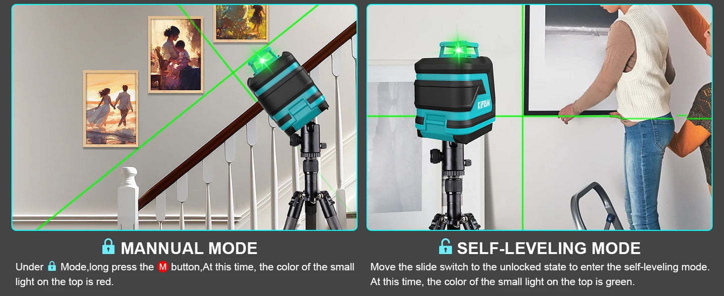 Kiprim Laser Level 2/5 Lines 360° – Automatic Self-Leveling Green Light Cross Laser for Construction