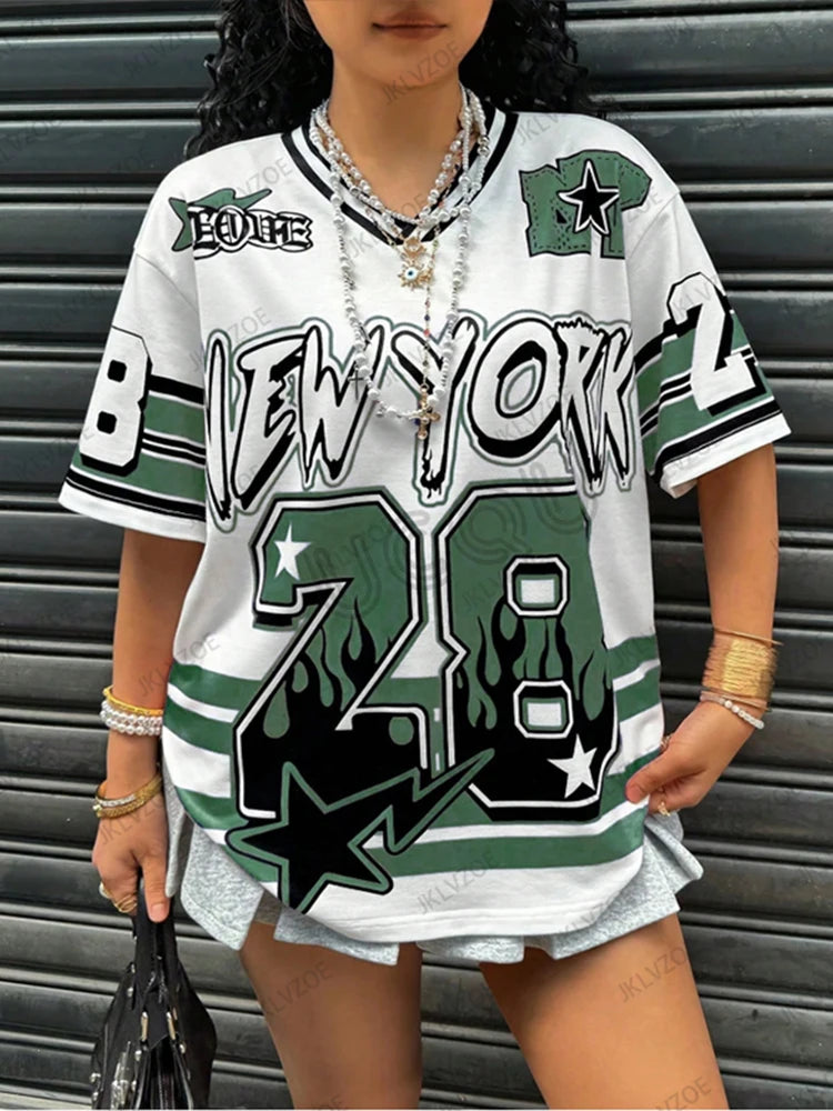 Oversized T-shirt For Women V-Neck Short Sleeve Summer Patchwork New York 28 Print Casual Tees Sports Football Jersey Y2k Tops