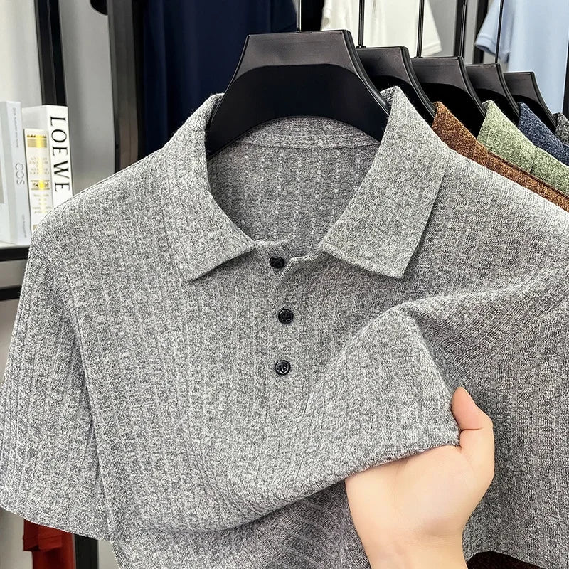 Men's Ribbed Knit Polo Tee - Soft Stretch, Three-Button Lapel