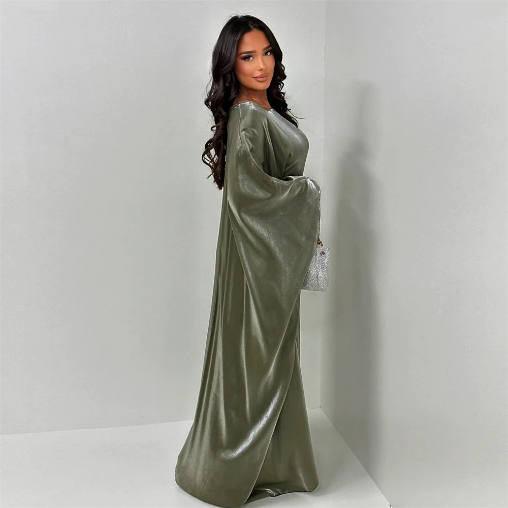 Shimmer Batwing Satin Abaya – Luxury Muslim Kaftan Dress for Eid & Ramadan