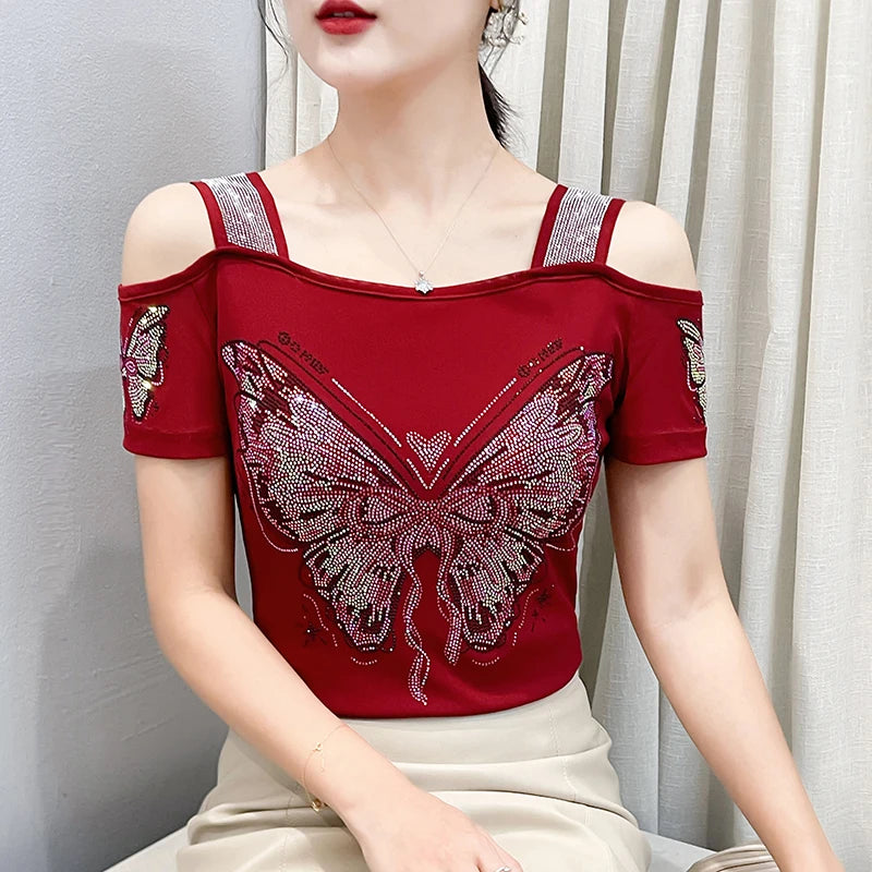 Women's Off-Shoulder Rhinestone Mesh Top