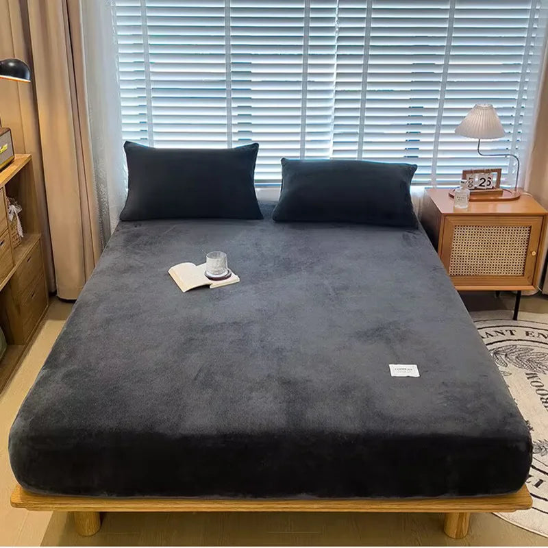 Soft warm plush fitted sheet elastic mattress cover fluffy coral fleece bed linen winter couple luxury double bed bedding﻿﻿