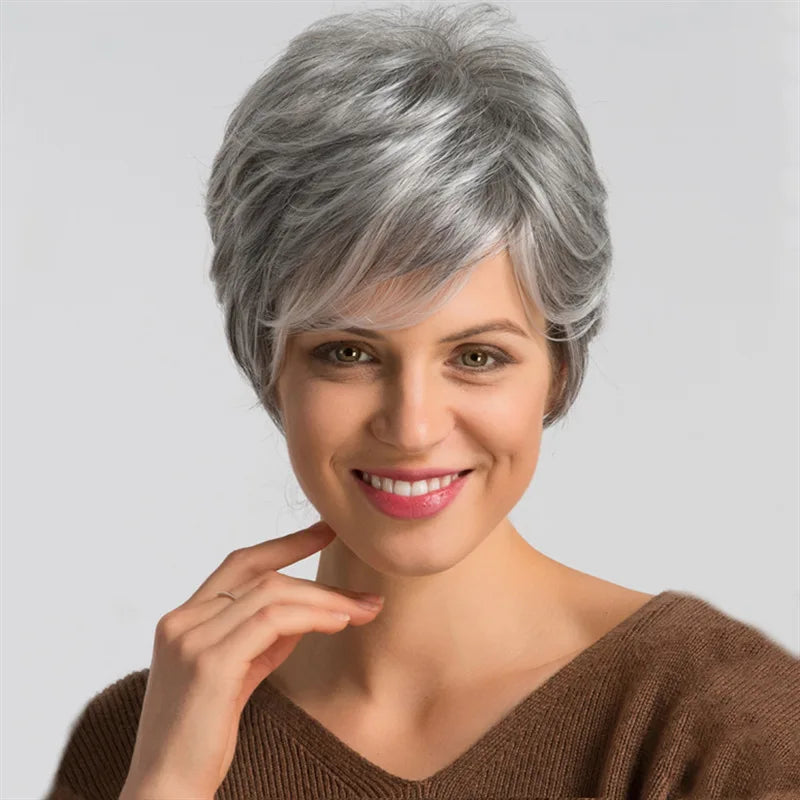 New wig female grandma grey fashion short curly hair for the elderly woven synthetic fiber high temperature silk head cover