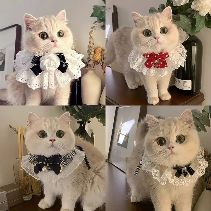 Cat Dog Collar Silk Wedding Cat Puppy Ribbon Scarf Princess Style Lace Collar Bell Necklace Bib New Kitten Accessories Bowtie