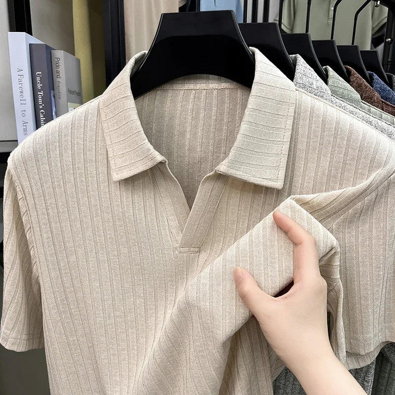 Men's Ribbed Knit Polo - Vertical Stripe, Breathable Business